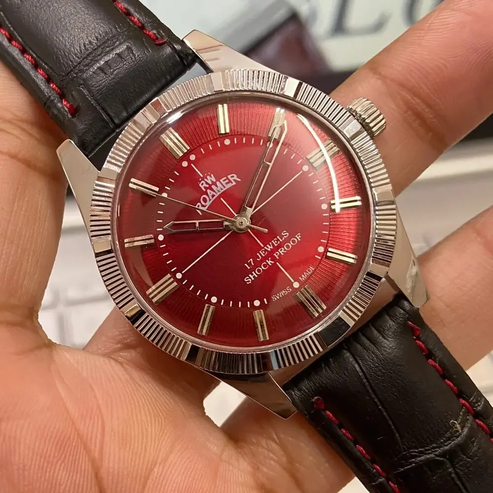 Vintage 1984 Roamer Manual Mens Silver Watch W/Fluted Bezel & Red accents